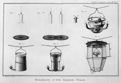 Iluminação de uma cidade grande, ilustração de &39;Memória sobre o melhor sistema de iluminação em Paris&39; de Antoine Laurent de Lavoisier (1743-94) 1766 de E. Wormser